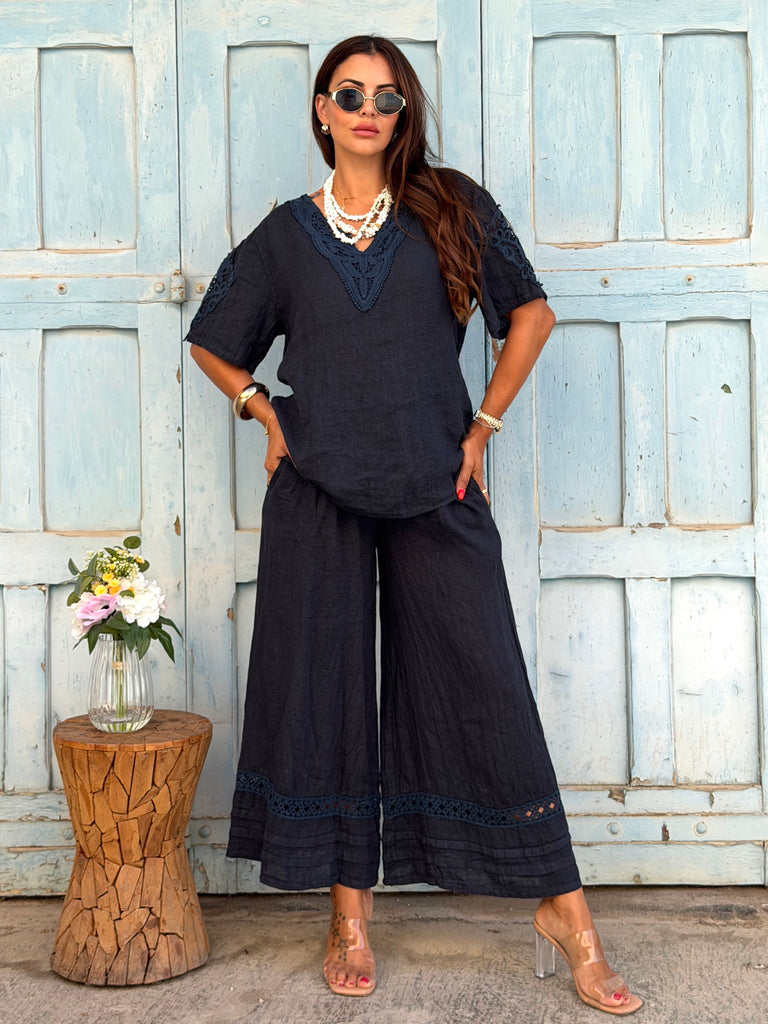 Navy Crochet Pure Linen Co-Ord Set