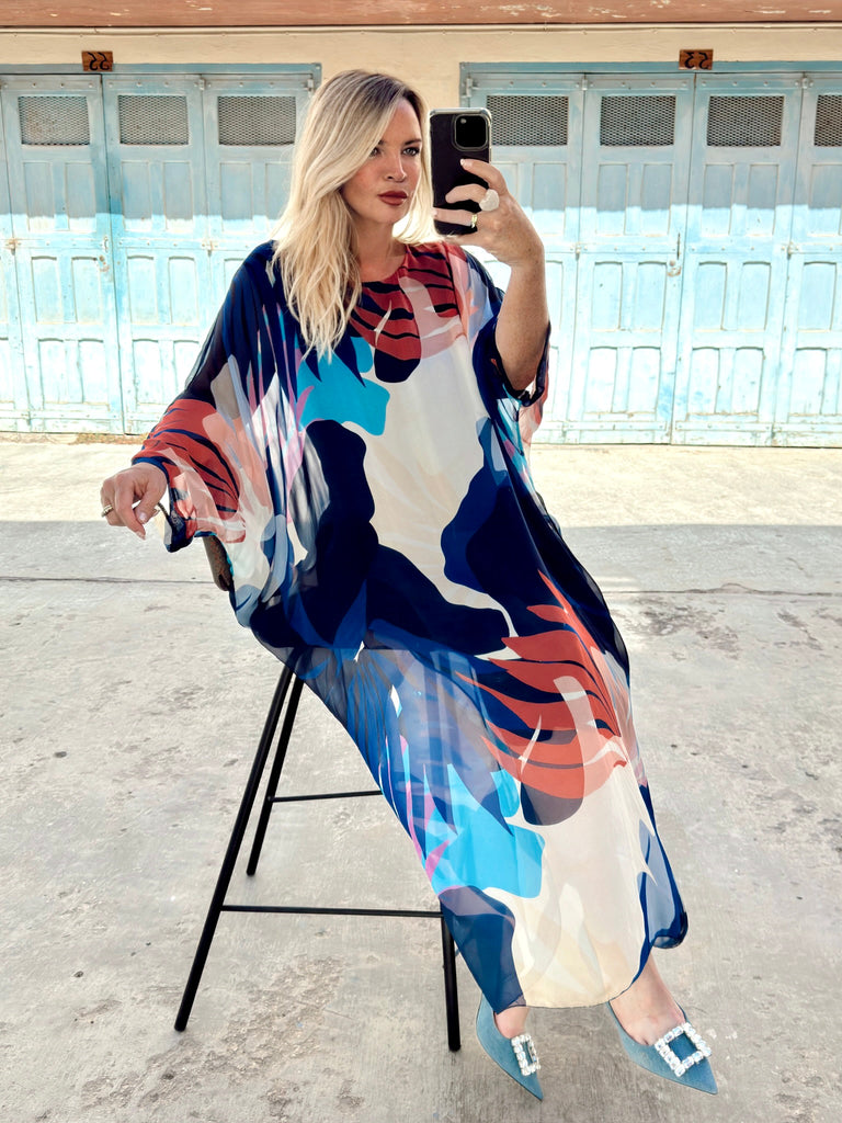 Navy and Coral Silk Kaftan