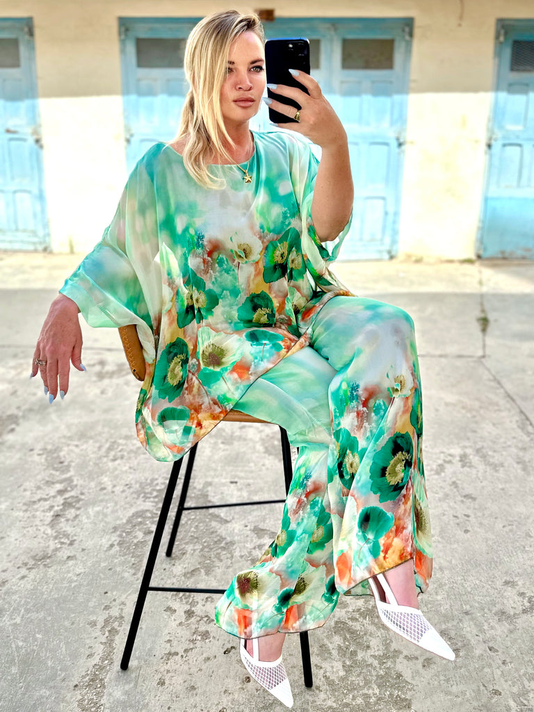 Jade Flora Silk Kaftan Co-ord Set