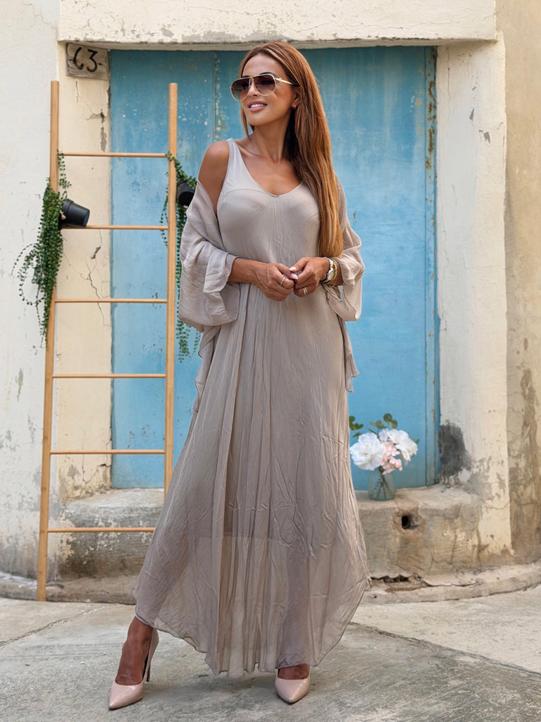Serenissima Luxe Pure Silk Wrap Layered Maxi Dress - Taupe
