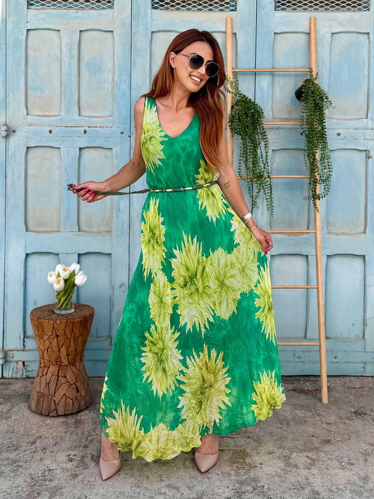 Emerald Bloom Pure Silk Maxi Dress