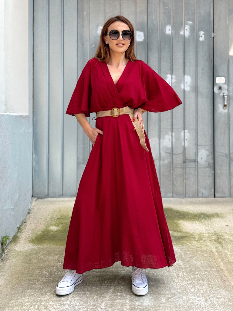Cherry Verona Linen Blend Belted Dress