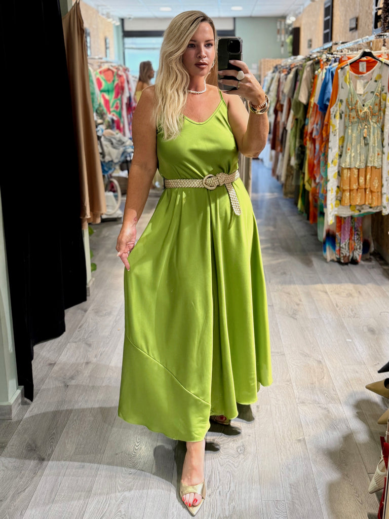 Lime Silky Satin Strappy Dress