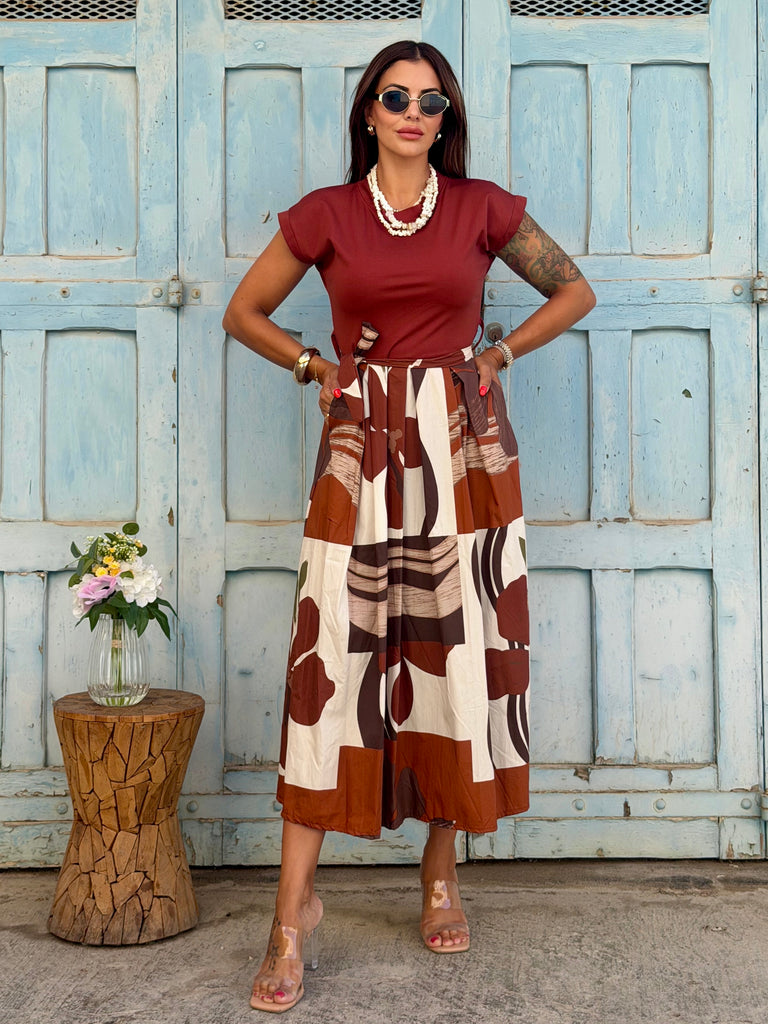 Valeria Mixed-Media T-Shirt Maxi Dress - Burnt Orange