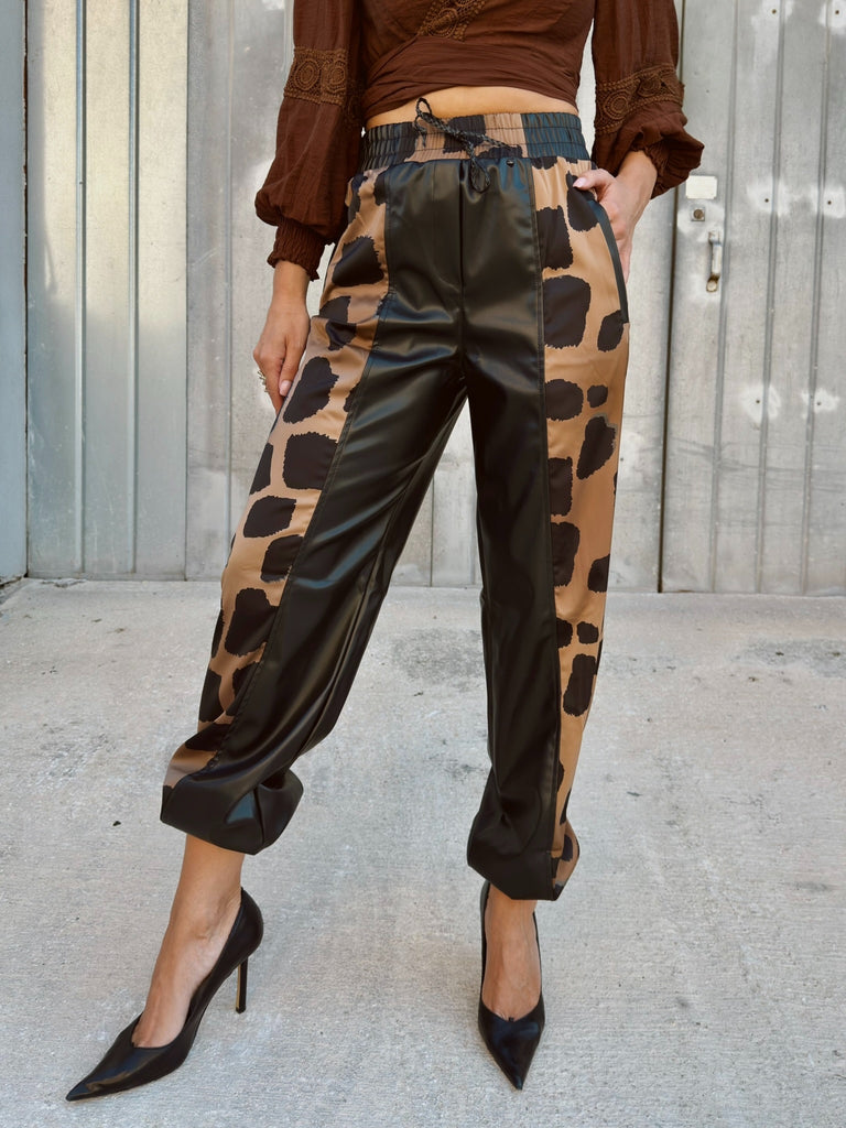 Latte Print Silk and Leather Trousers