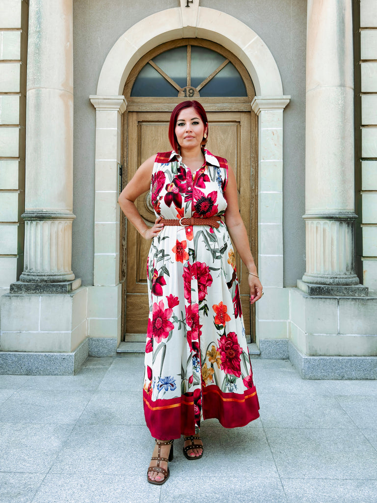 Crimson Floral Shirt Dress