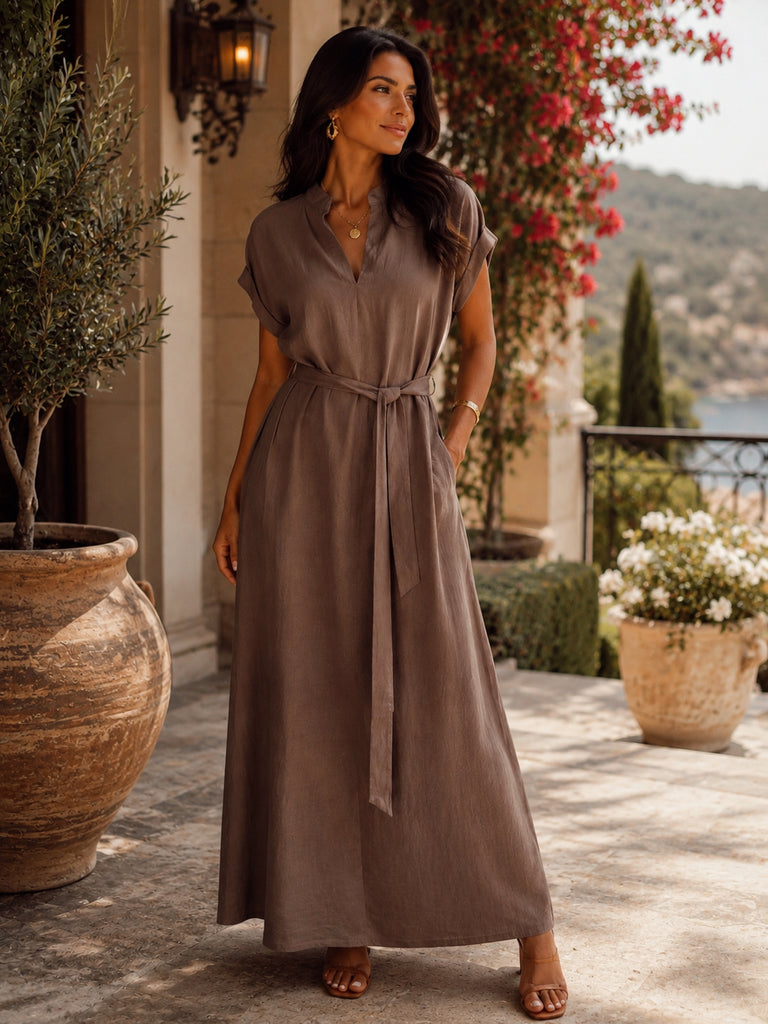 The Valentina Mocha Linen Maxi Dress - Bougie Collection