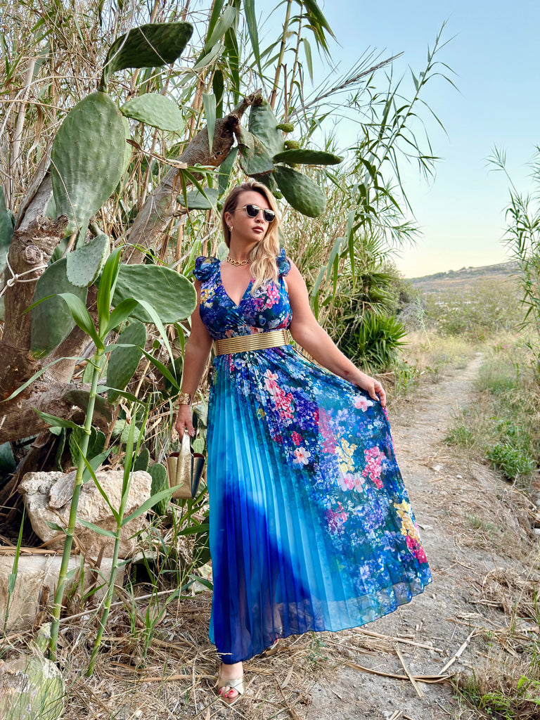 Blue Ombré Floral Pleated Dress