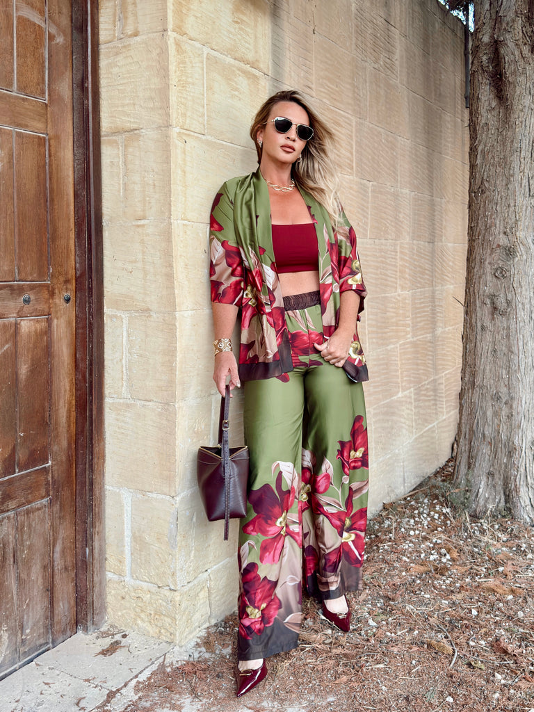 Khaki and Burgundy Kimono Set