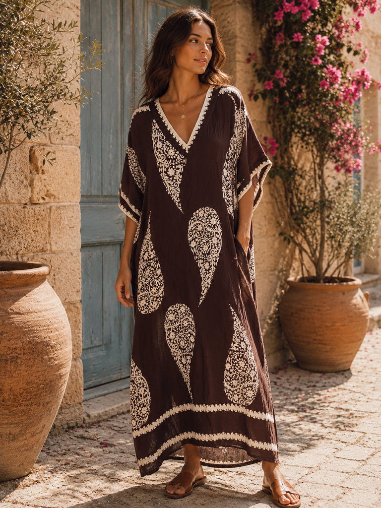 The Marabella Paisley Kaftan Dress - Mocha