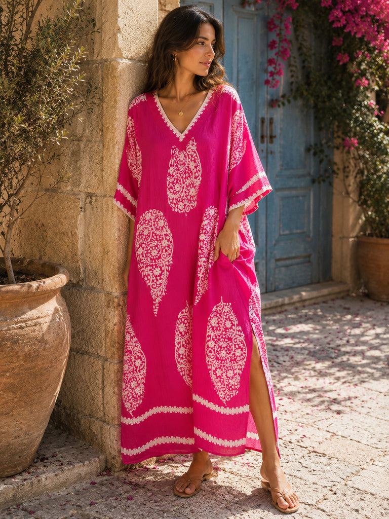 The Marabella Paisley Kaftan Dress - Fucshia