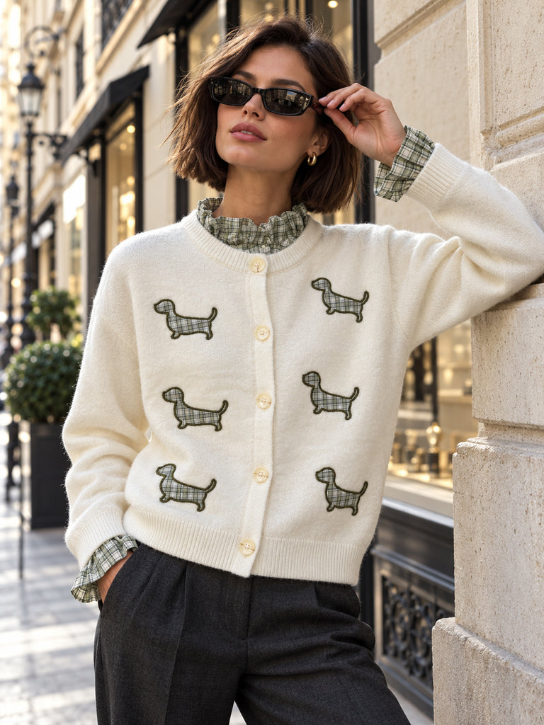 The Paris Amélie Dachshund Knit Cardigan - Panna & Sage