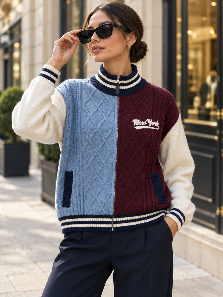 The Manhattan Cable Knit Bomber - Blue & Burgundy