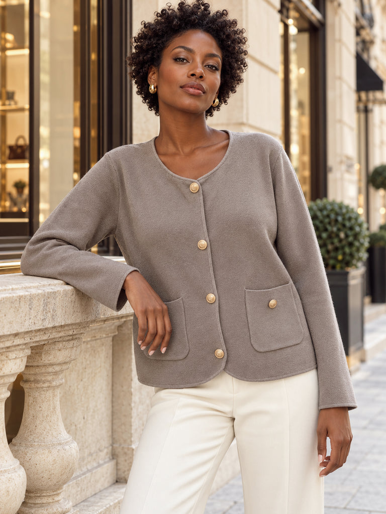 The Élise Gold Button Knit Cardigan - Taupe