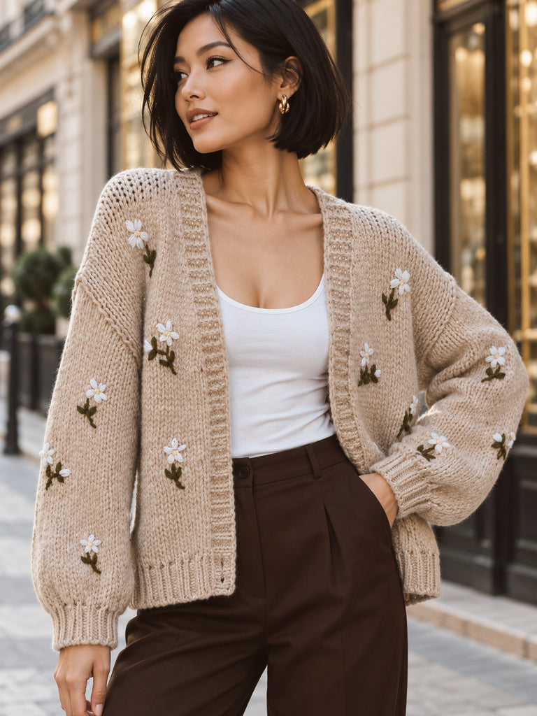 The Daisy Embroidered Knit Cardigan - Beige